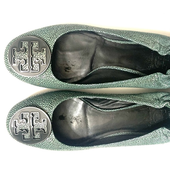 TORY BURCH Reva Flats Green Leather Ballet Flats Stingray Reptile Green - Picture 3 of 5